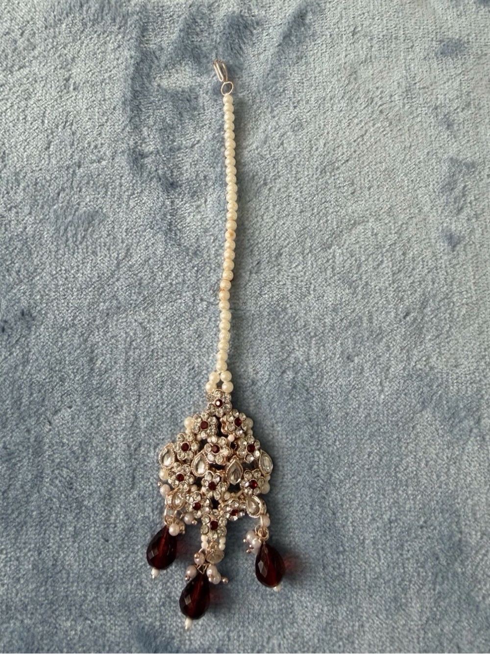 Pearl and Garnet Teardrop Pendant Hair Accessory Maang Tikka